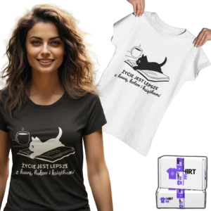 Koszulka życie jest lepsze z kawą, kotem i książkami