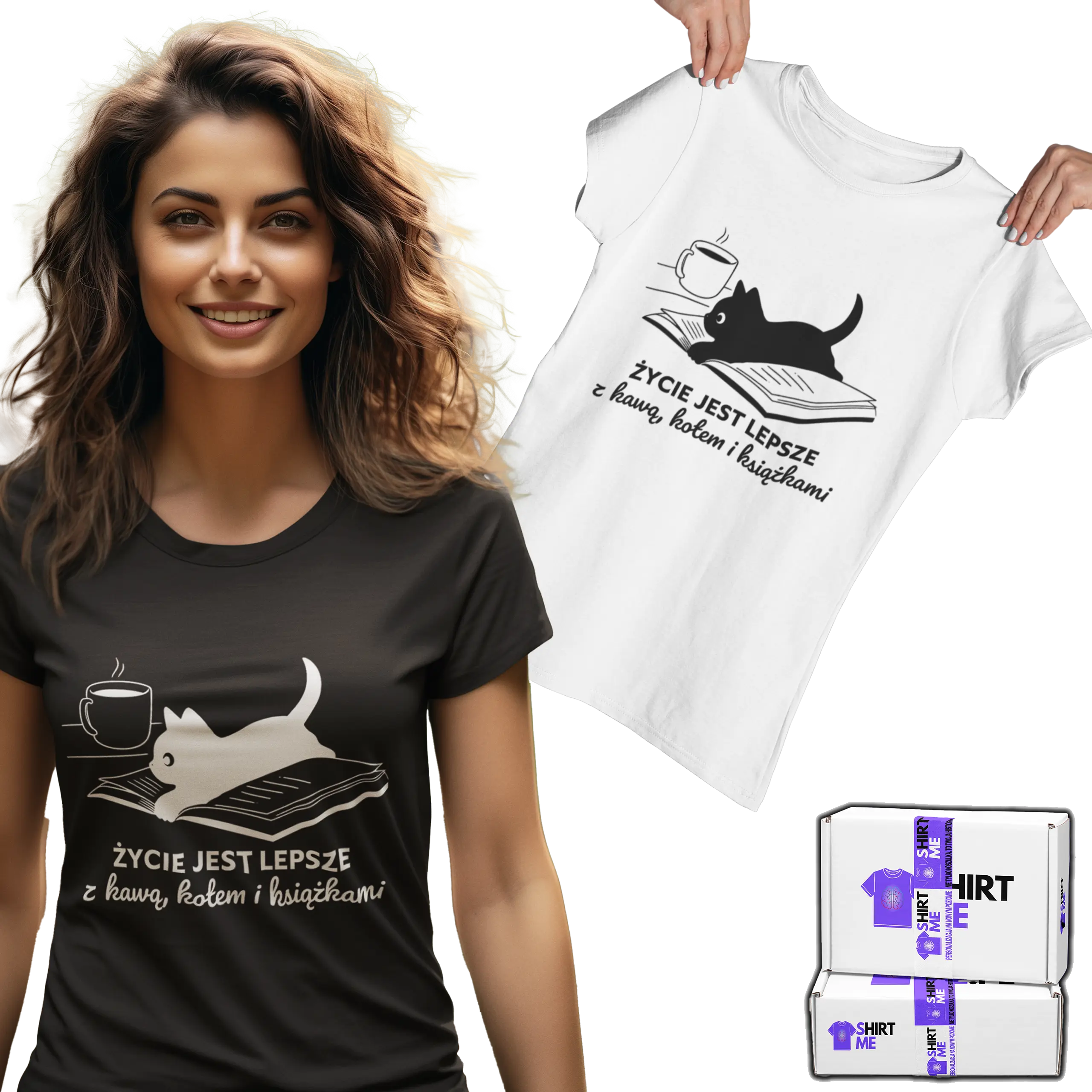 Koszulka życie jest lepsze z kawą, kotem i książkami