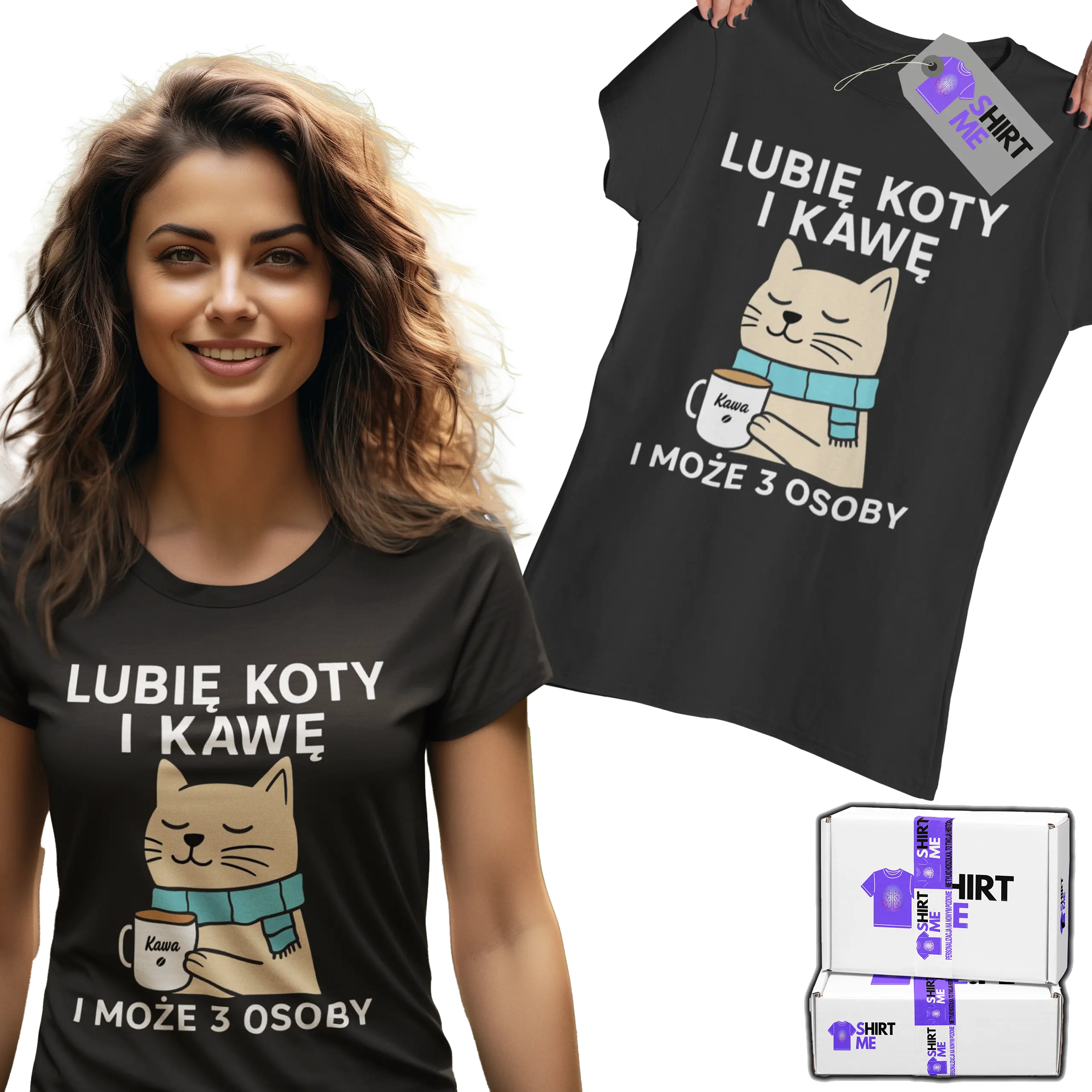 Koszulka lubię koty i kawę i może z 3 osoby