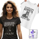 Koszulka za każdą silną kobietą stoi jej kot