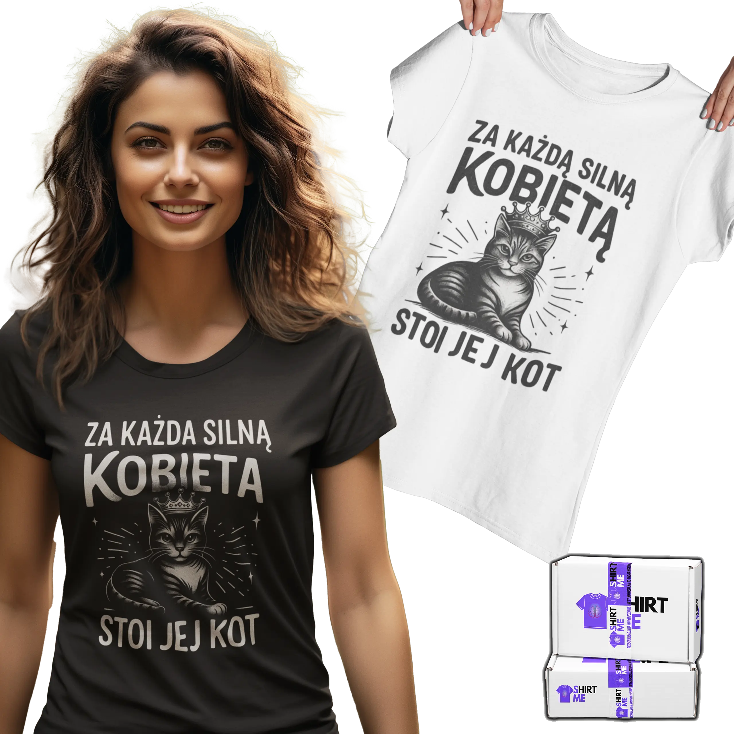 Koszulka za każdą silną kobietą stoi jej kot