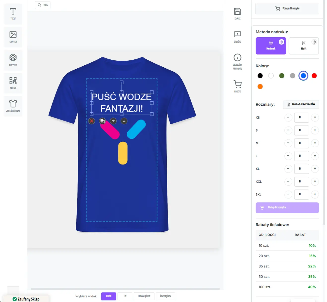 Widok kreatora nadruków – edycja koszulki