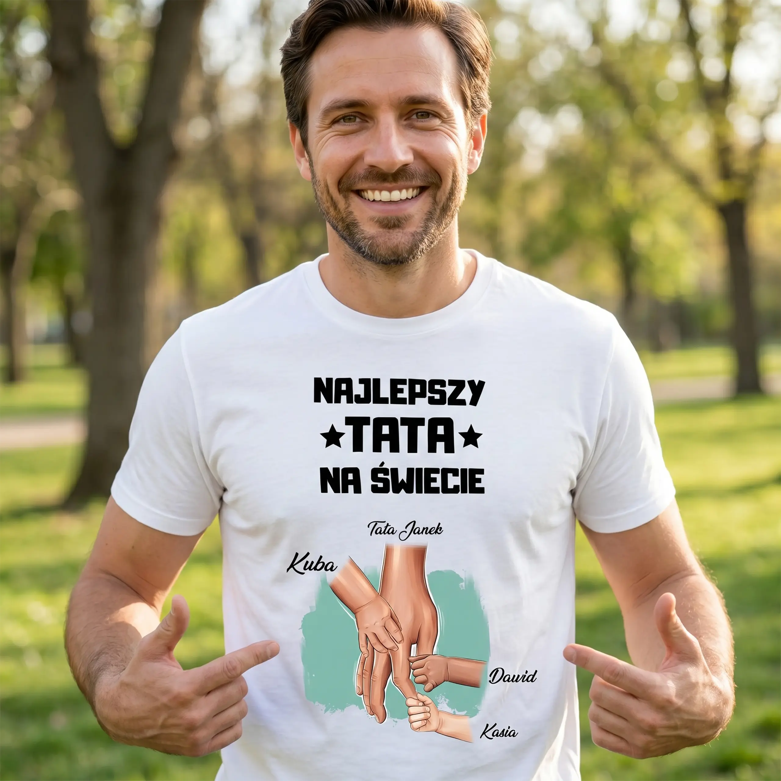 Koszulka dla taty „Najlepszy Tata na Świecie” z dłońmi 1-6 dzieci | Personalizowana #037