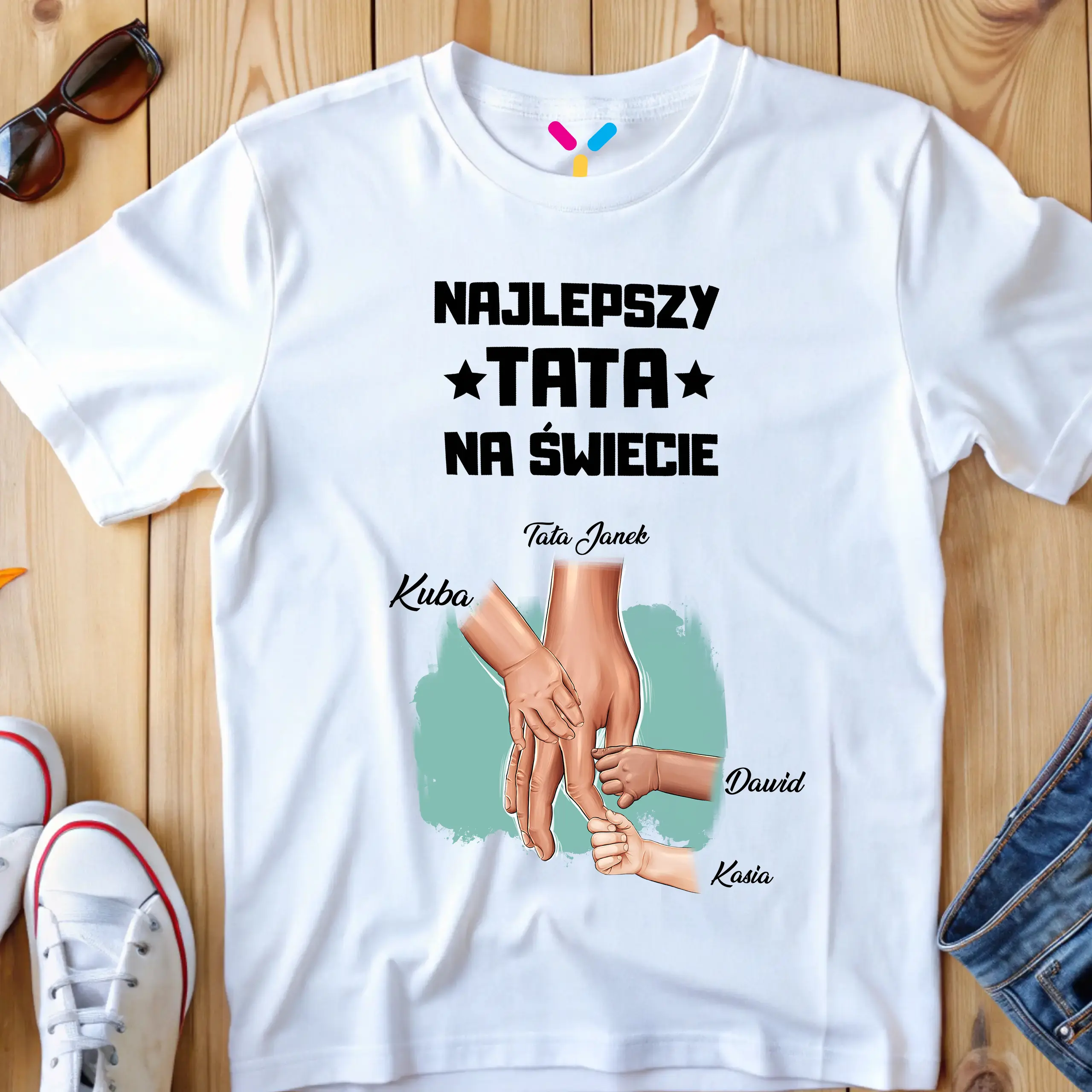 Koszulka dla taty „Najlepszy Tata na Świecie” z dłońmi 1-6 dzieci | Personalizowana #037