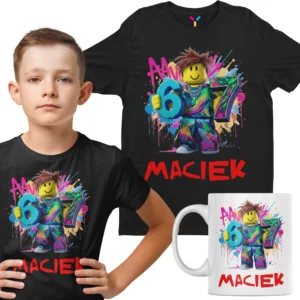 ZESTAW KOSZULKA SIX SEVEN 67 ROBLOX BRAINROT Z IMIENIEM +KUBEK PREZENT DLA DZIECKA