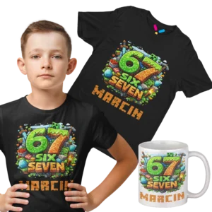 ZESTAW KOSZULKA DZIECIĘCA SIX SEVEN 67 MINECRAFT BRAINROT VIRAL Z WŁASNYM IMIENIEM+KUBEK MINECRAFT PREZENT DLA DZIECKA