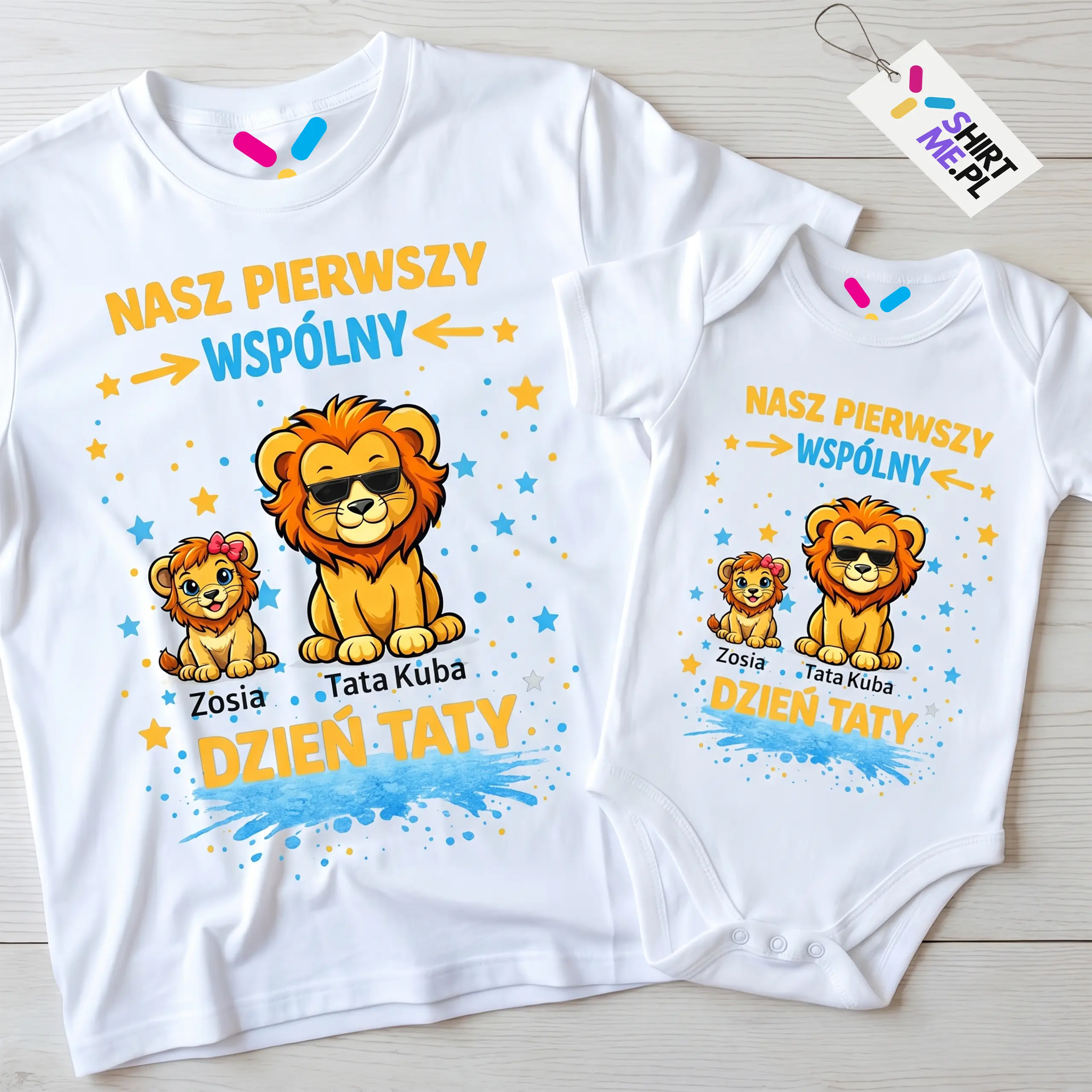 Koszulka personalizowana dla taty i dziecka NASZ PIERWSZY WSPÓLNY DZIEŃ TATY lwiątka #083