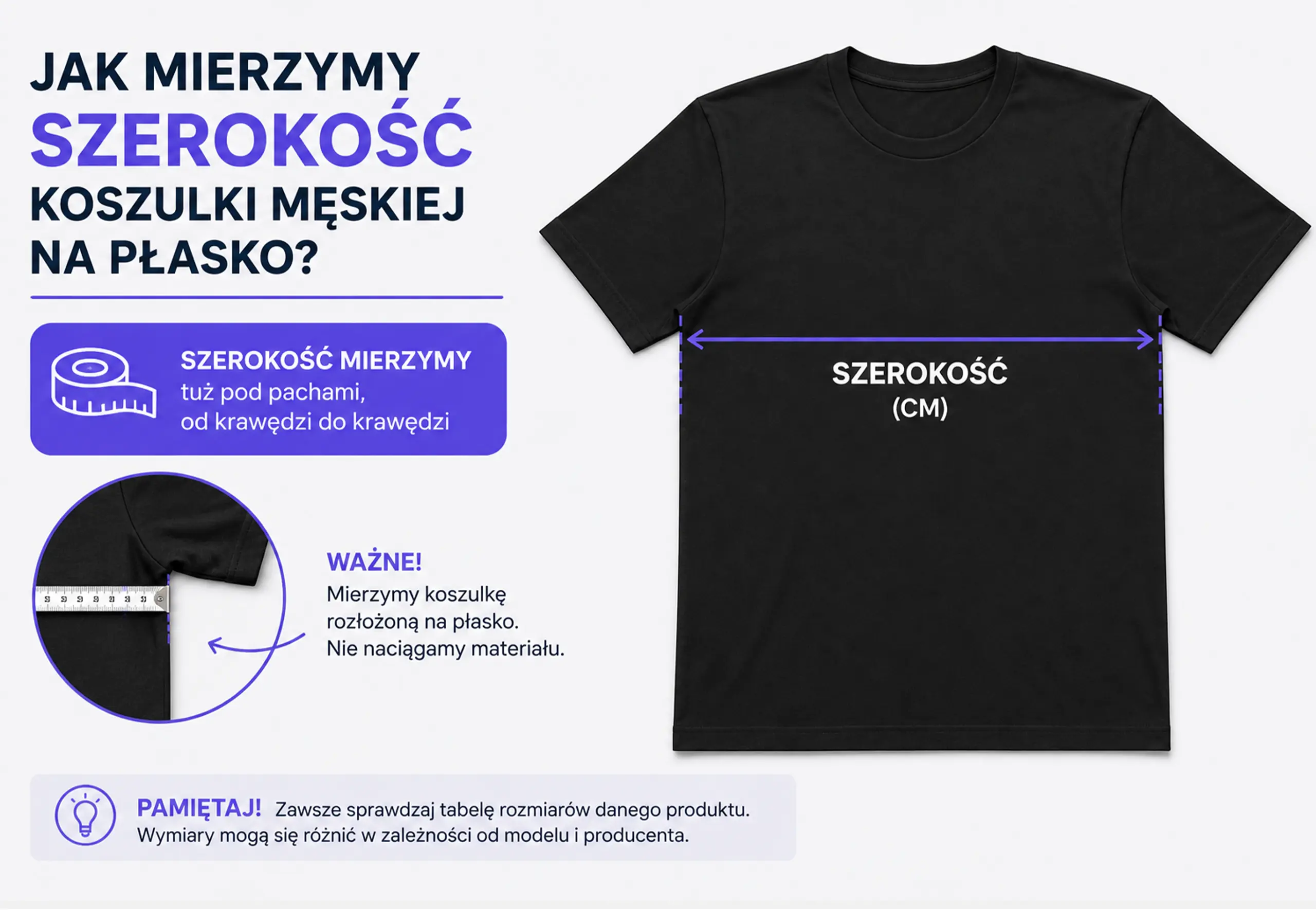 Pomiar szerokości koszulki na płasko przy doborze rozmiaru do zamówienia firmowego
