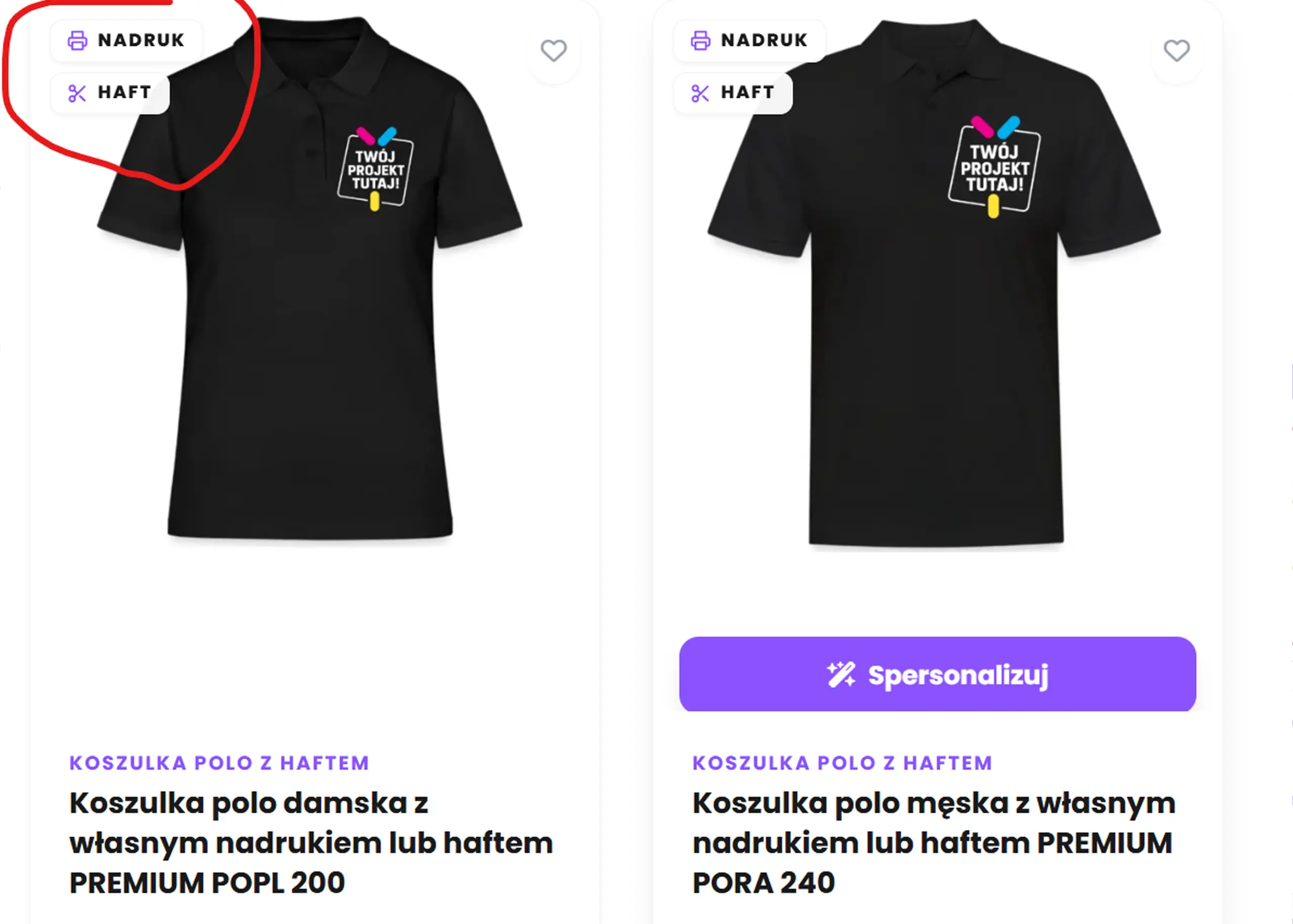 Listing produktów w kreatorze nadruków shirtme.pl z etykietami Nadruk i Haft na miniaturkach koszulek polo