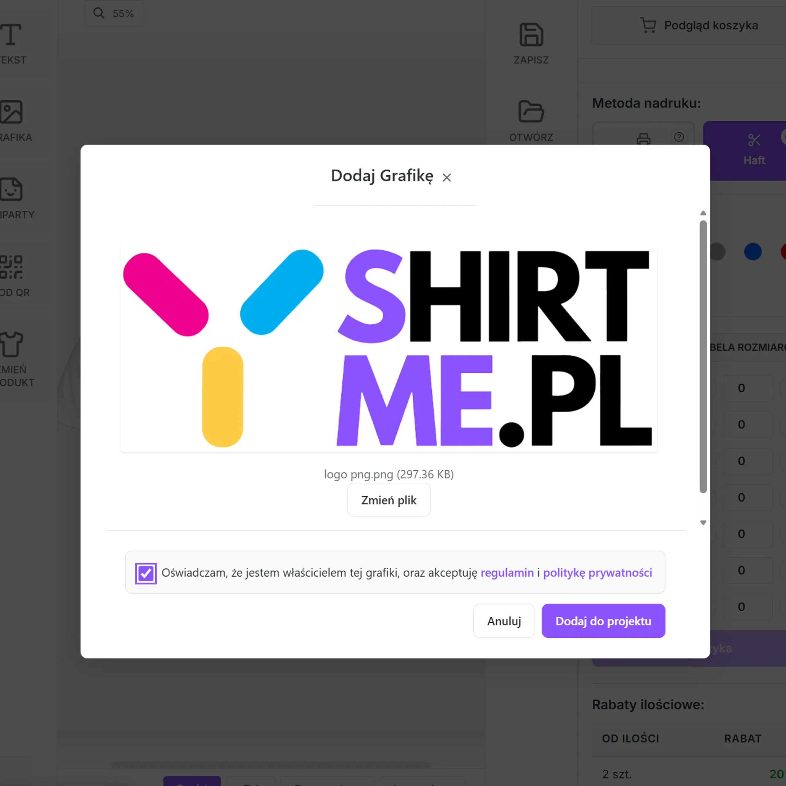 Okno Dodaj Grafikę w kreatorze shirtme.pl z podglądem wgranego logo i polem akceptacji praw do grafiki