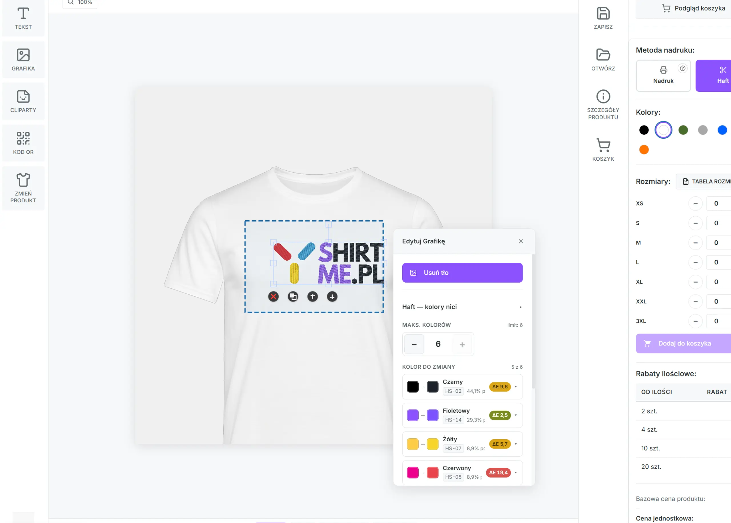 Panel edycji grafiki w kreatorze shirtme.pl z listą kolorów nici, limitem sześciu kolorów i podglądem haftu na koszulce