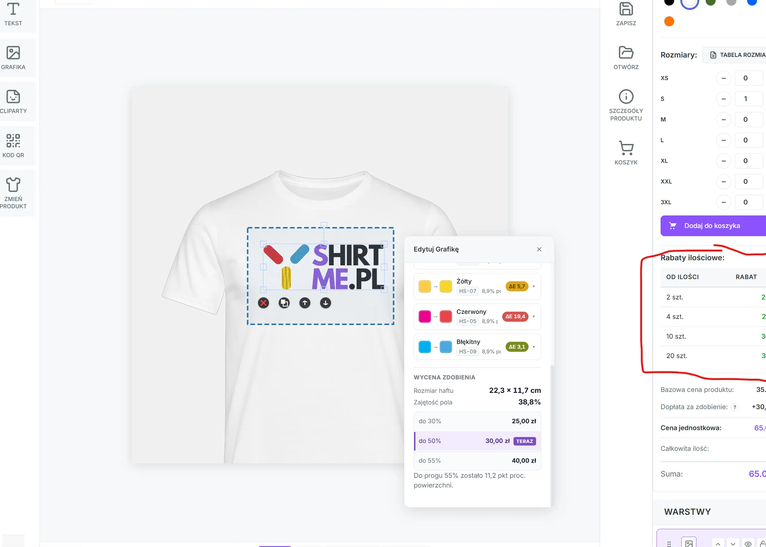 Tabela rabatów ilościowych w kreatorze shirtme.pl z progami od dwóch, czterech, dziesięciu i dwudziestu sztuk