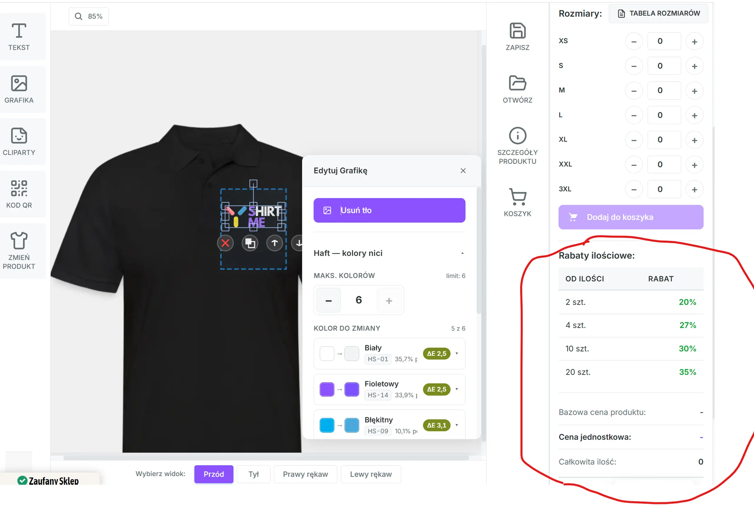 Tabela rabatów ilościowych dla koszulki polo z haftem w kreatorze shirtme.pl z progami rosnącymi wraz z liczbą sztuk