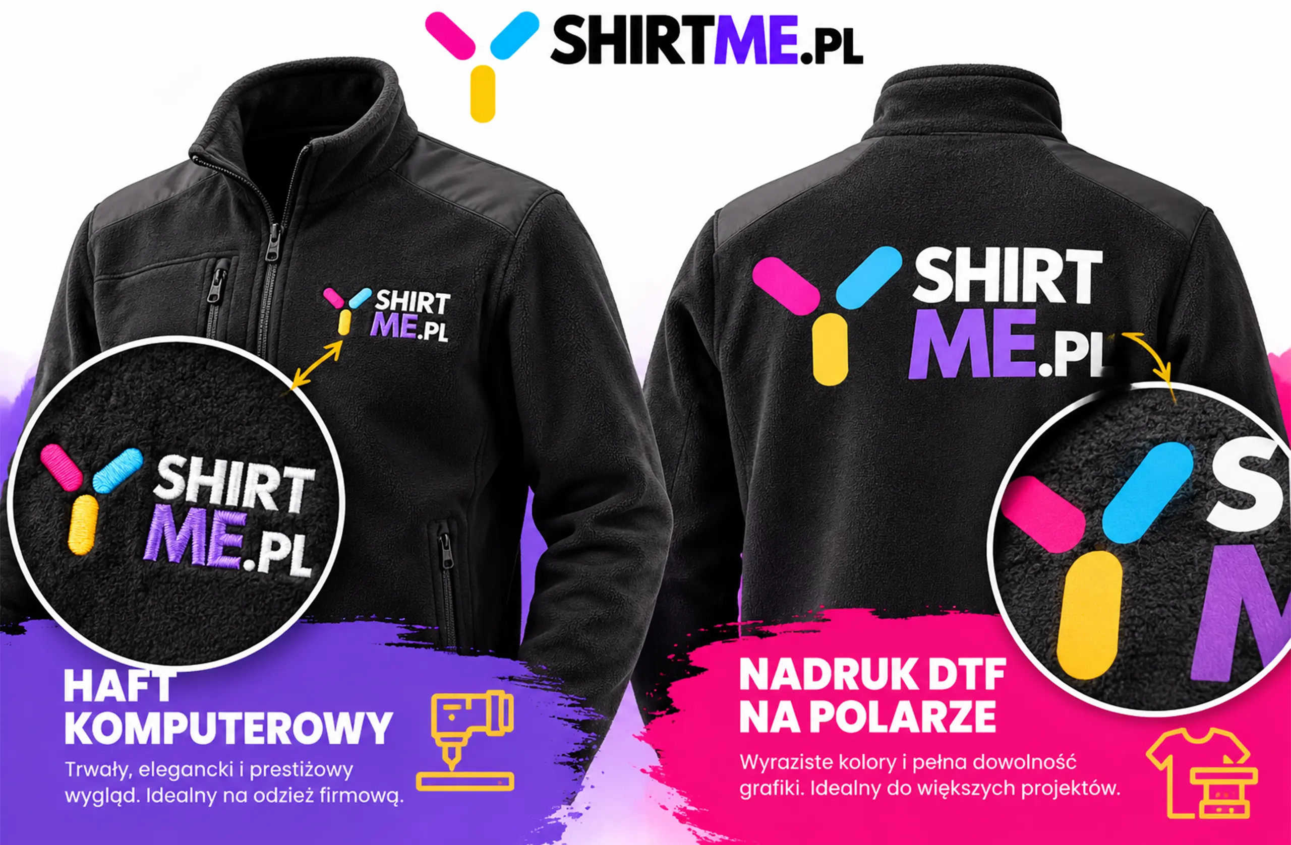 Czarny polar z haftem komputerowym logo na lewej piersi i polar z dużym nadrukiem DTF na plecach, zbliżenia na strukturę haftu i nadruku na runie