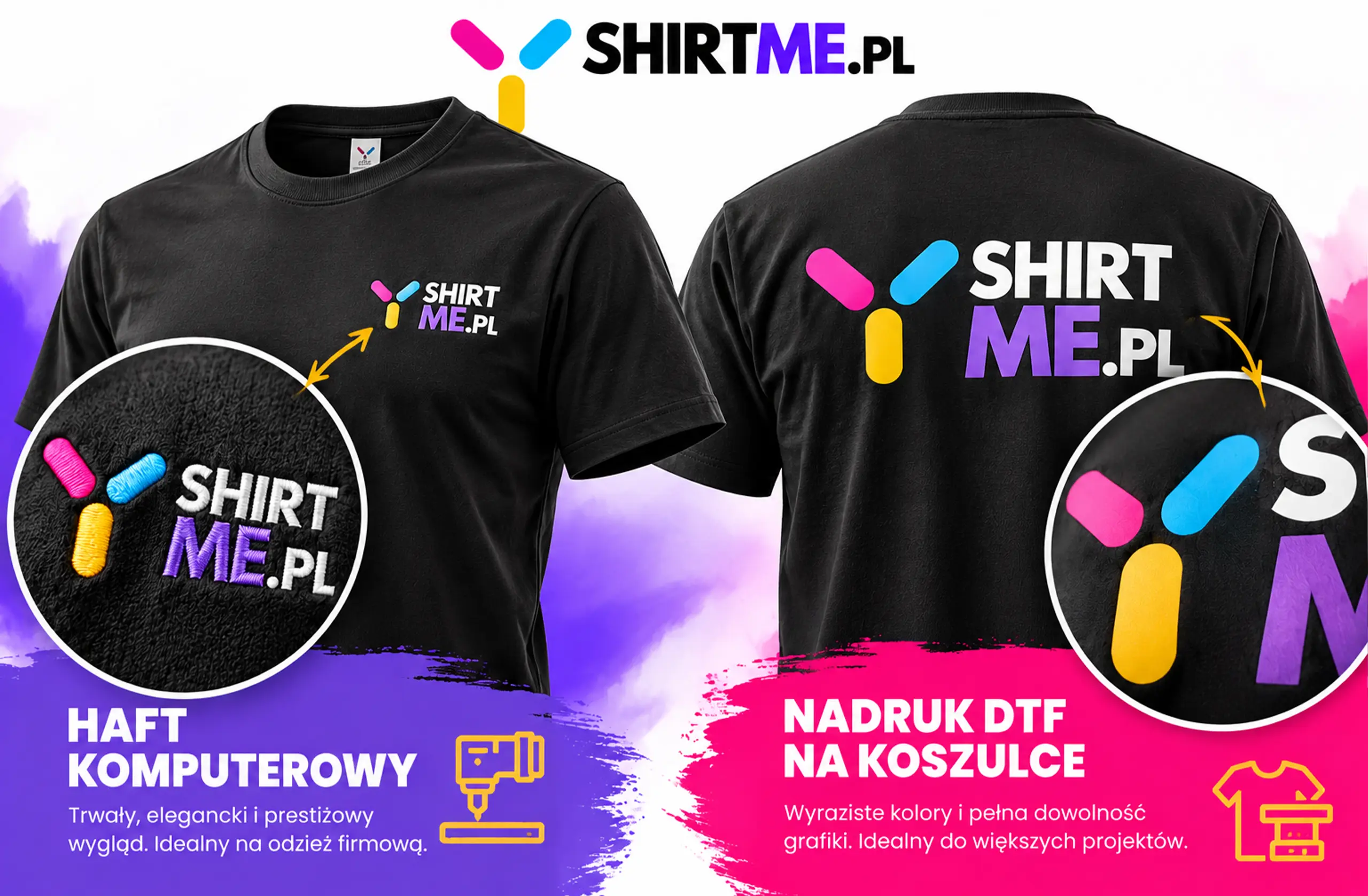 Czarna koszulka z haftem komputerowym logo na piersi i koszulka z dużym nadrukiem DTF na plecach, zbliżenia na strukturę nici i nadruku
