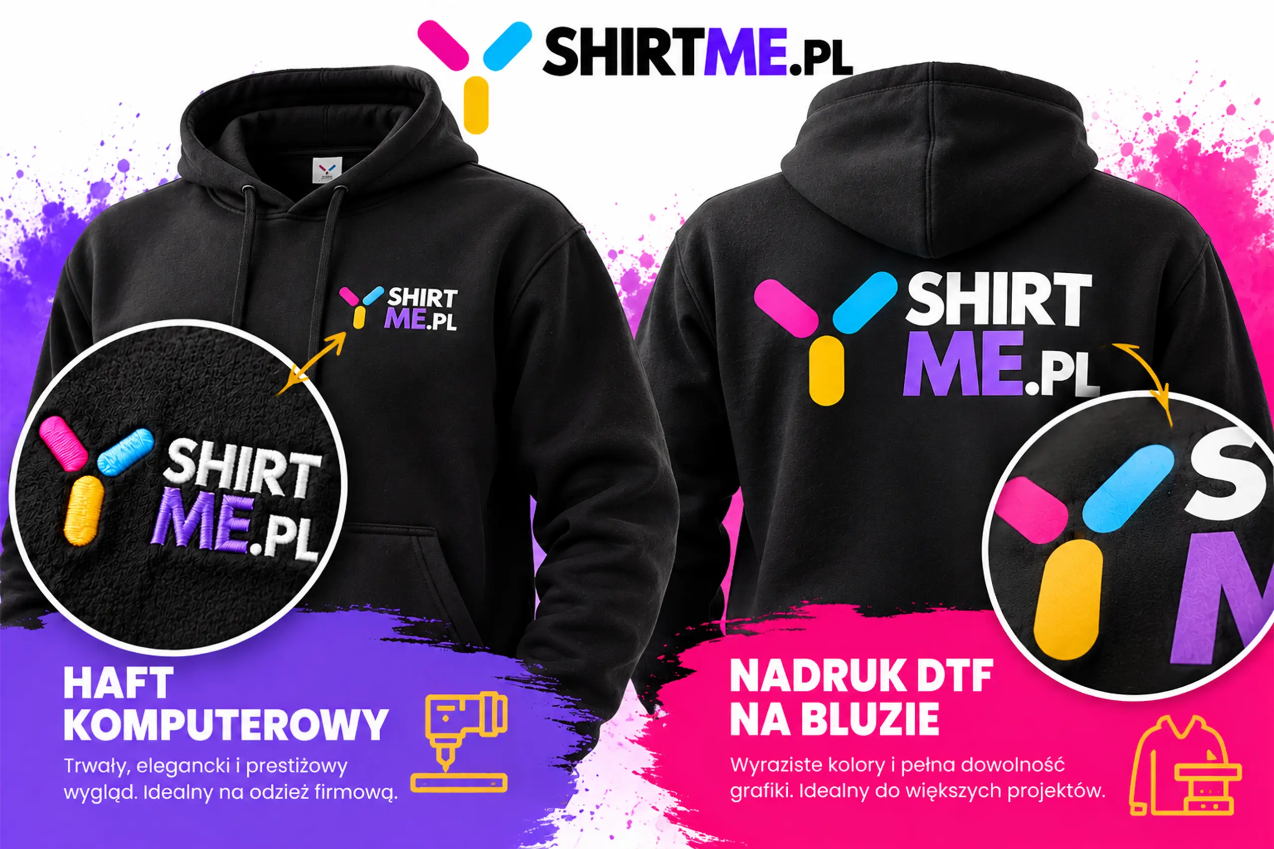 Bluza z haftem komputerowym logo na piersi i bluza z dużym nadrukiem DTF na plecach, zbliżenia na strukturę haftu i nadruku na dzianinie dresowej