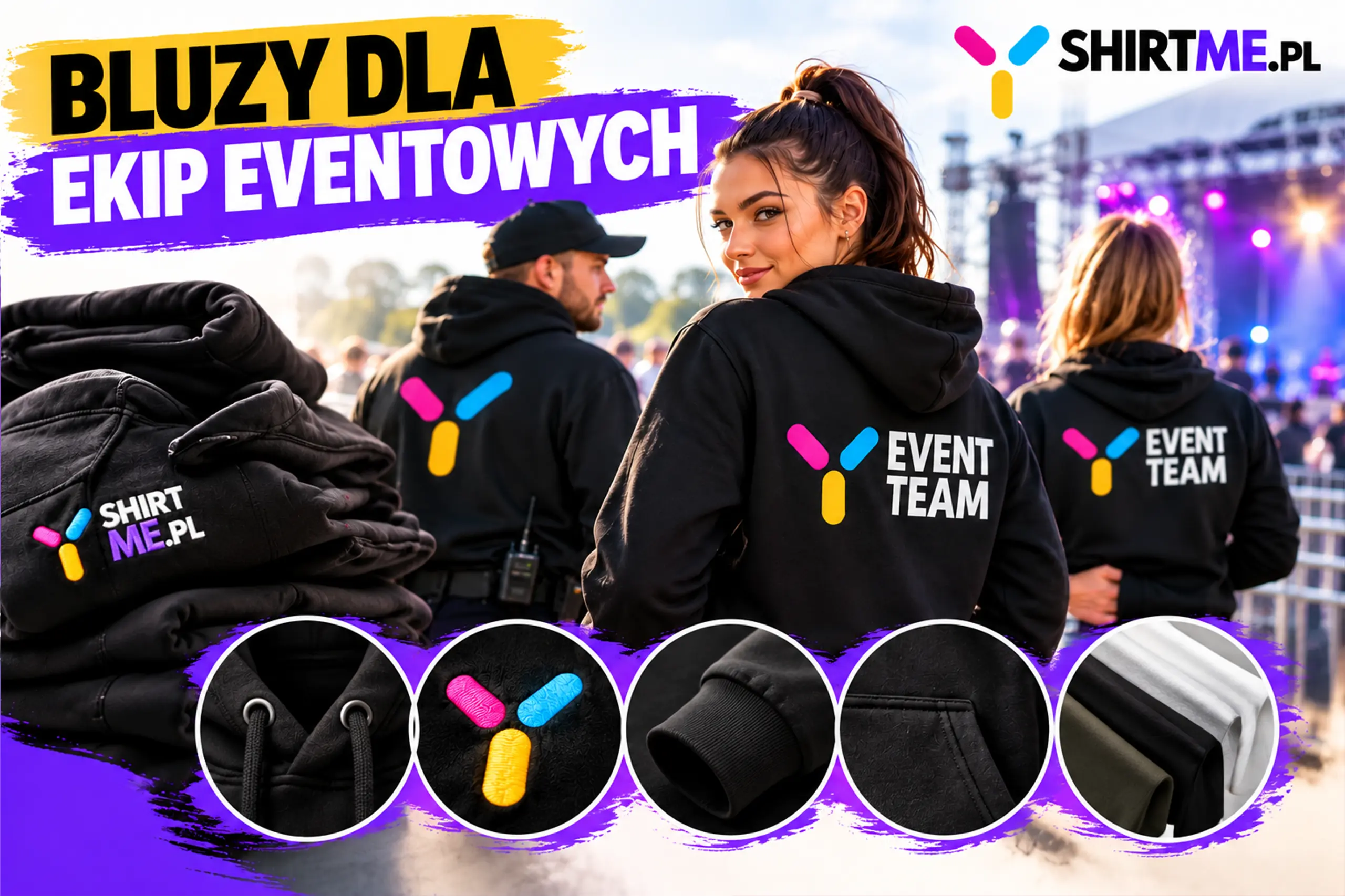 Ekipa eventowa w czarnych bluzach z kapturem z dużym nadrukiem EVENT TEAM na plecach i małym haftowanym logo na piersi, na tle sceny koncertowej