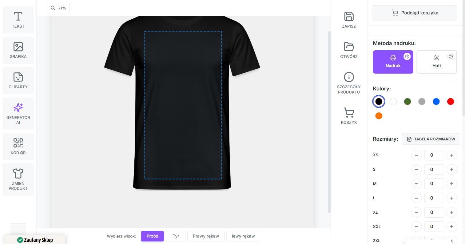 Kreator Shirtme z przyciskiem Generator AI w lewym pasku narzędzi