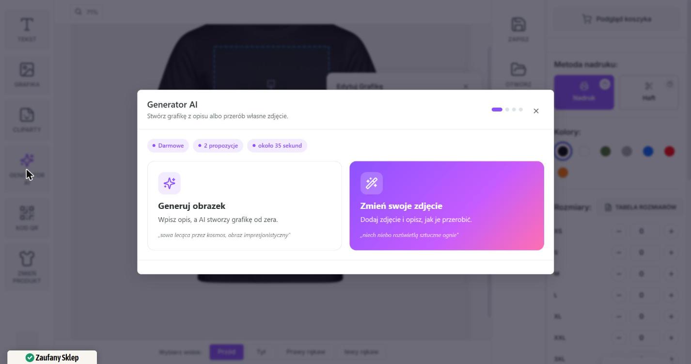 Okno Generator AI z dwiema kartami: Generuj obrazek i Zmień swoje zdjęcie