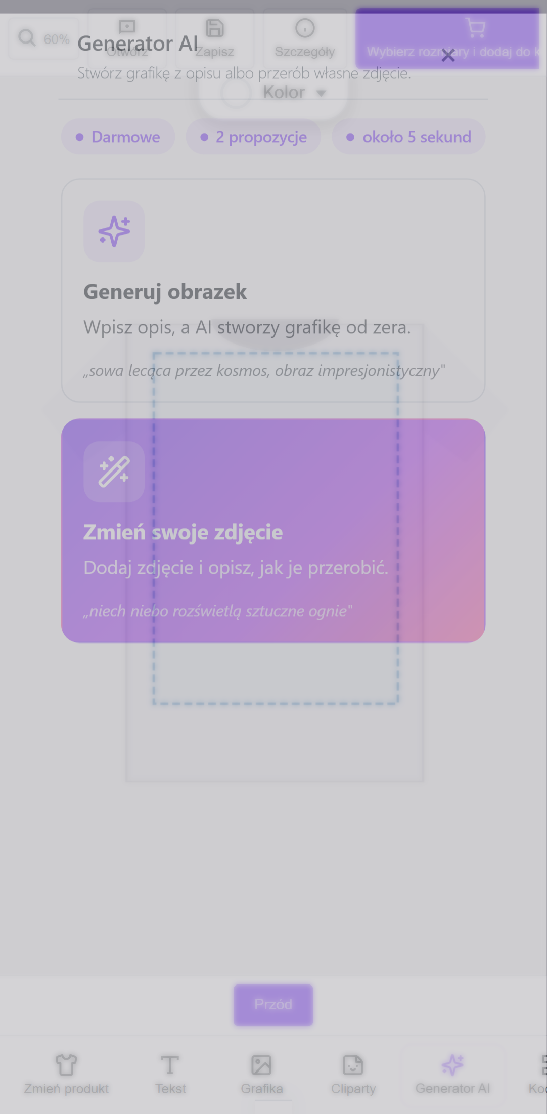 Okno wyboru trybu generatora na ekranie telefonu