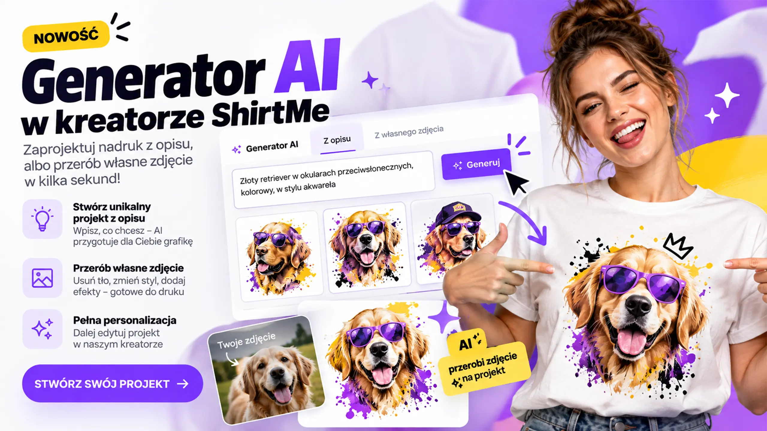 Generator AI w kreatorze ShirtMe – zaprojektuj nadruk z opisu albo przerób własne zdjęcie